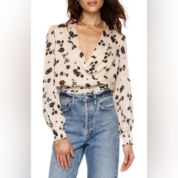 Heartloom Tops - Heartloom Floral Wrap Blouse - Cream and Black size xs